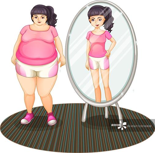 镜子里的胖女孩和她苗条的身材