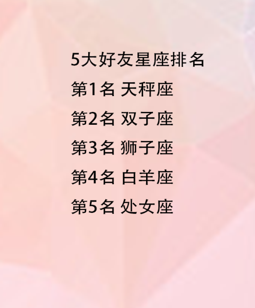 好友星座排名 第1名 天秤座 第2名 双子座 第3名 狮子座 第4名 白羊座