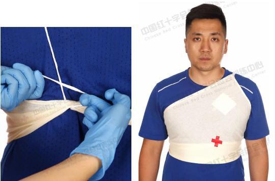 5. 背部包扎时将三角巾置于背部操作步骤与胸部包扎类似.