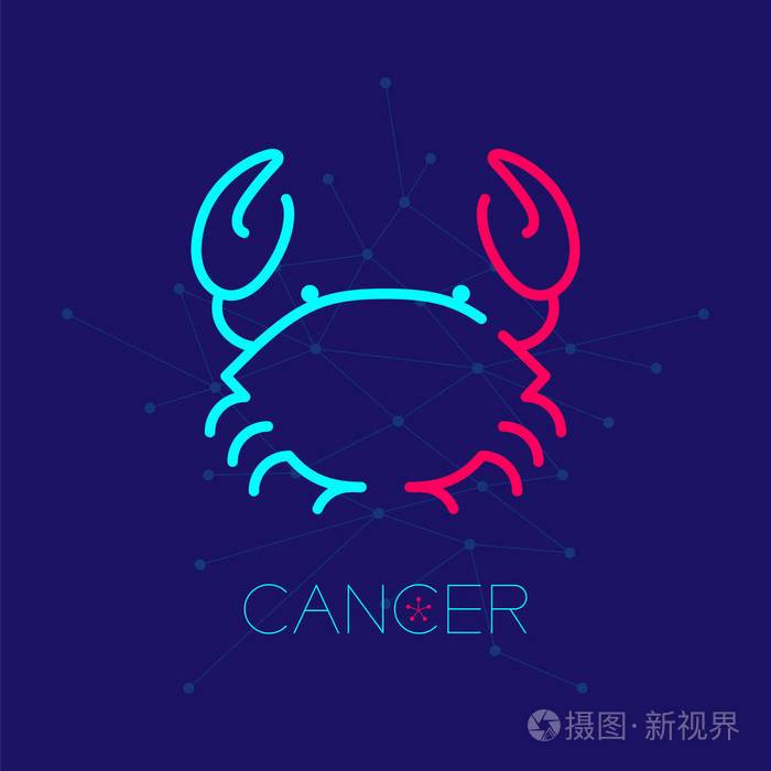 巨蟹座星座标志图标轮廓描边设置虚线设计插图在深蓝色背景下与癌症