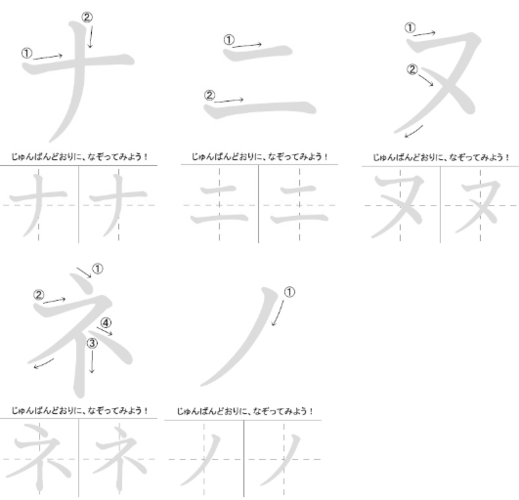 日语自学五十音图片假名书写顺序(ナ行)